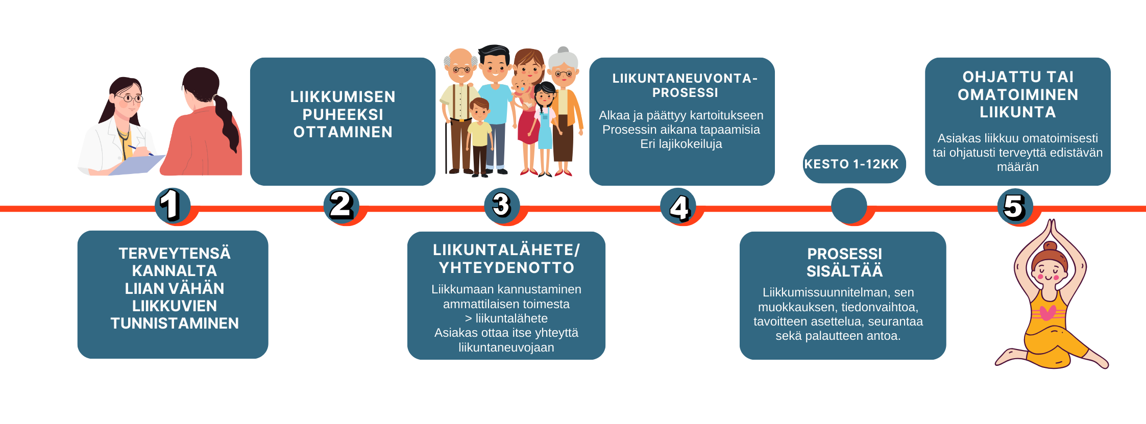 Liikuntaneuvontaprosessi:
1. Terveytensä kannalta liian vähän liikkuvien tunnistaminen
2. Liikkumisen puheeksi ottaminen
3. Liikuntalähete/yhteydenotto
Liikkumaan kannustaminen ammattilaisen toimesta, mahdollinen liikuntalähete tai asiakas ottaa itse yhteyttä liikuntaneuvojaan.
4. Liikuntaneuvontaprosessi
Alkaa ja päättyy kartoitukseen. Prosessin aikana tapaamisia, eri lajikokeiluja.
Prosessi sisältää: Liikkumissuunnitelman, sen muokkauksen, tiedonvaihtoa, tavoitteen asettelua, seurantaa sekä palautteen antoa. Kesto 1-12kk.
5. Ohjattu omatoiminen liikunta
Asiakas liikkuu omatoimisesti tai ohjatusti terveyttä edistävän määrän
