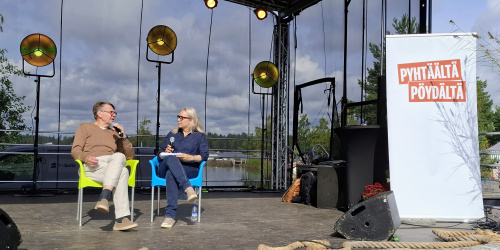 Pyhtäältä Pöydältä rantautui lauantaina Saaristomarkkinoille. Dekkarikirjailija Kari Häkämies Sallamaari Muhosen haastattelussa.